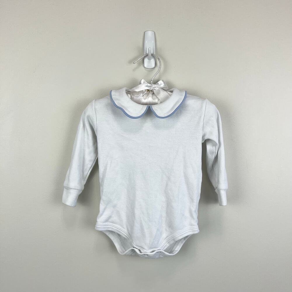 Little English Piped Peter Pan Onesie White Light Blue 6 Months
